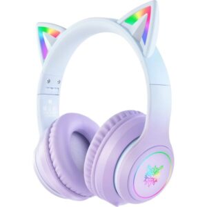 Fone de Ouvido Gamer Onikuma B90 RGB Bluetooth – Roxo, com Orelhas de Gato